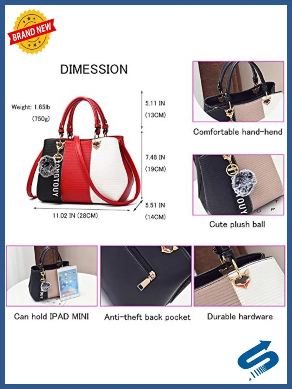 PU Leather Satchel Shoulder Tote Bag with Multi Pockets